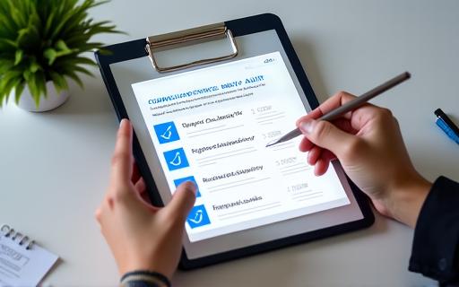 Eine Checkliste wird auf einem Tablet geprüft, um einen Audit-Prozess zu symbolisieren.