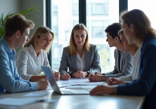 Professionelles Team in einer Besprechung, das Vertrauen und Kompetenz ausstrahlt.